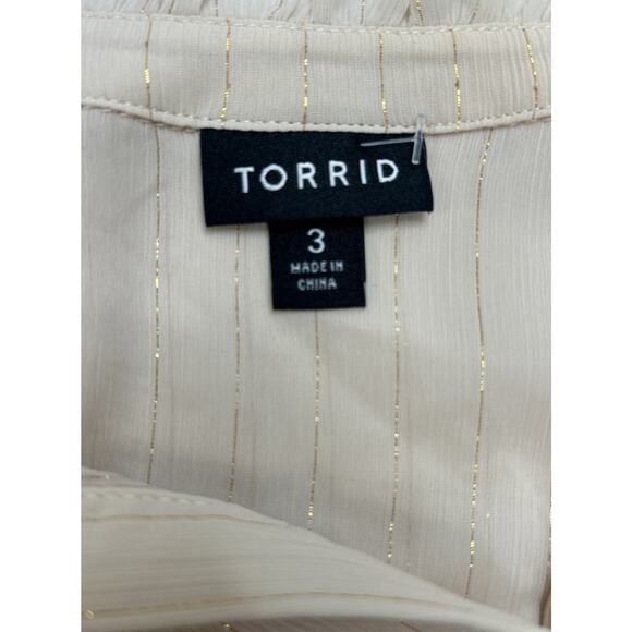 Torrid Chiffon L/S Blouse 3XL Button V-Neck Sheer Beige Gold Thread Academia - Picture 6 of 10